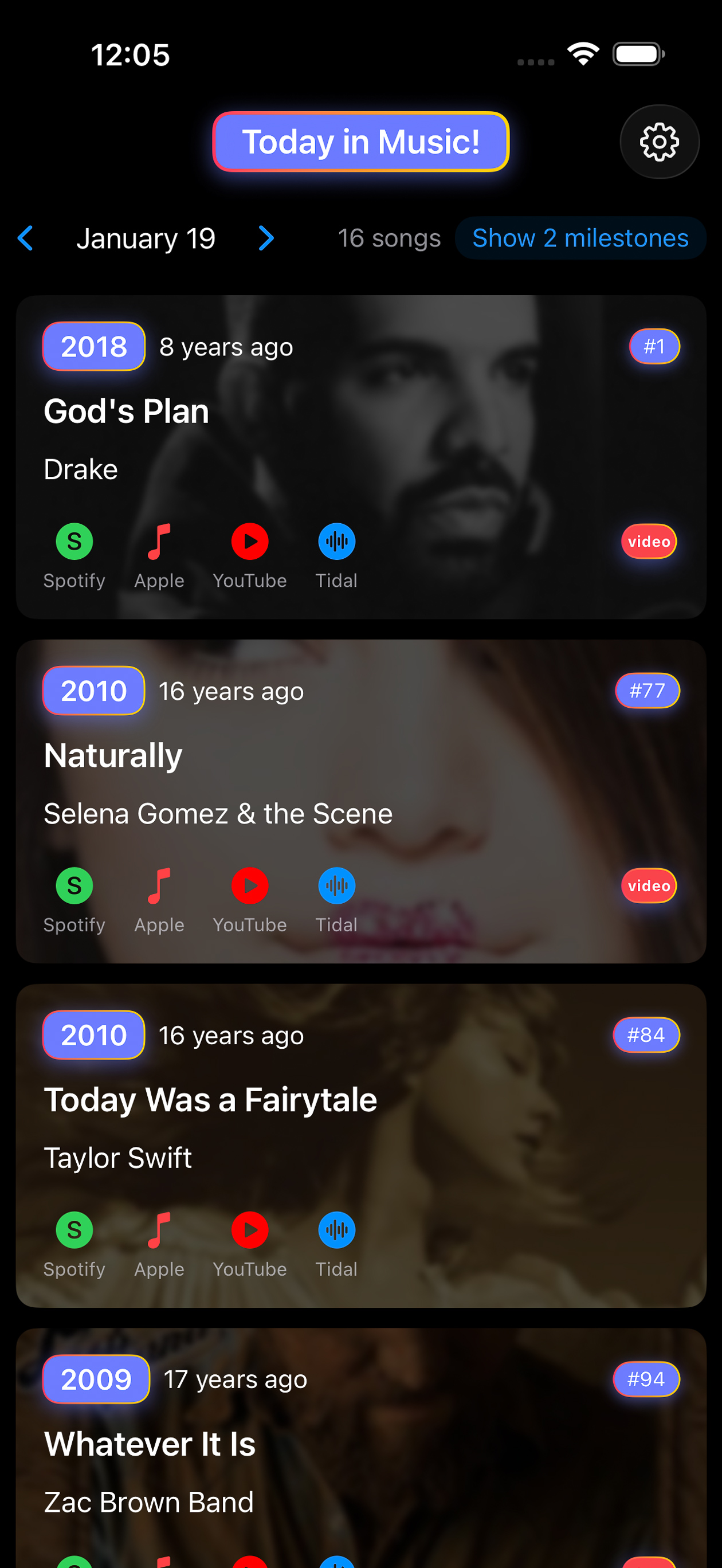 Today in Music main screen showing songs released today